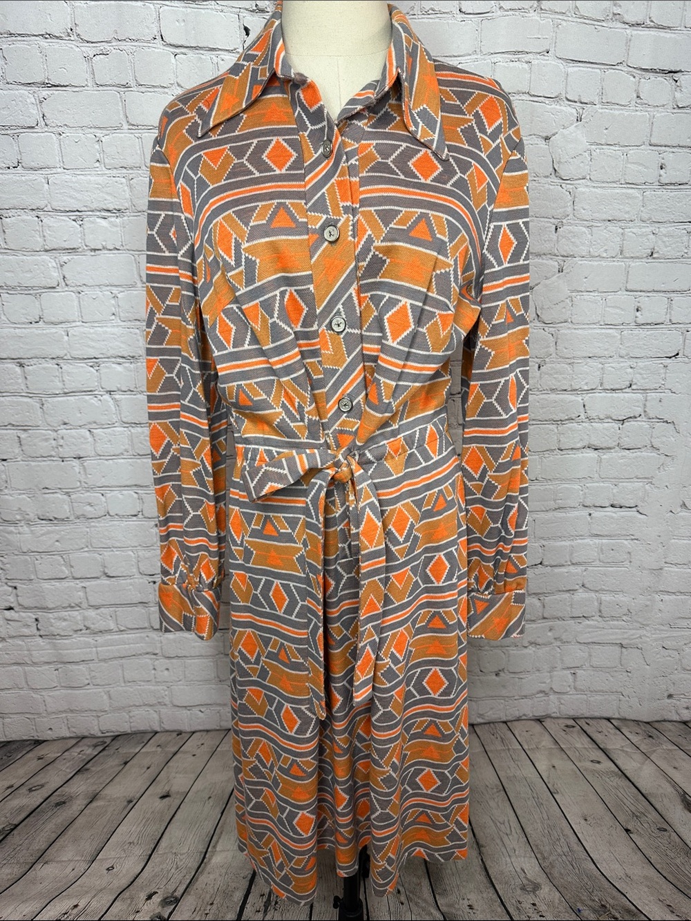 Vintage 70s Kay Windsor Geometric Knit Belted Midi Dress Size 18 USA